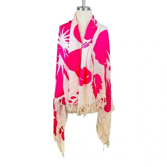 HOT PINK AND WHITE‎ FLORAL HIBISCUS SCARF TASSELS 60x48 - Picture 3 of 4